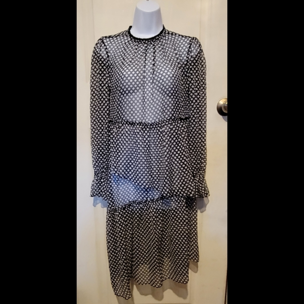 Black & White Polka Dot Sheer Long Sleeve Dress